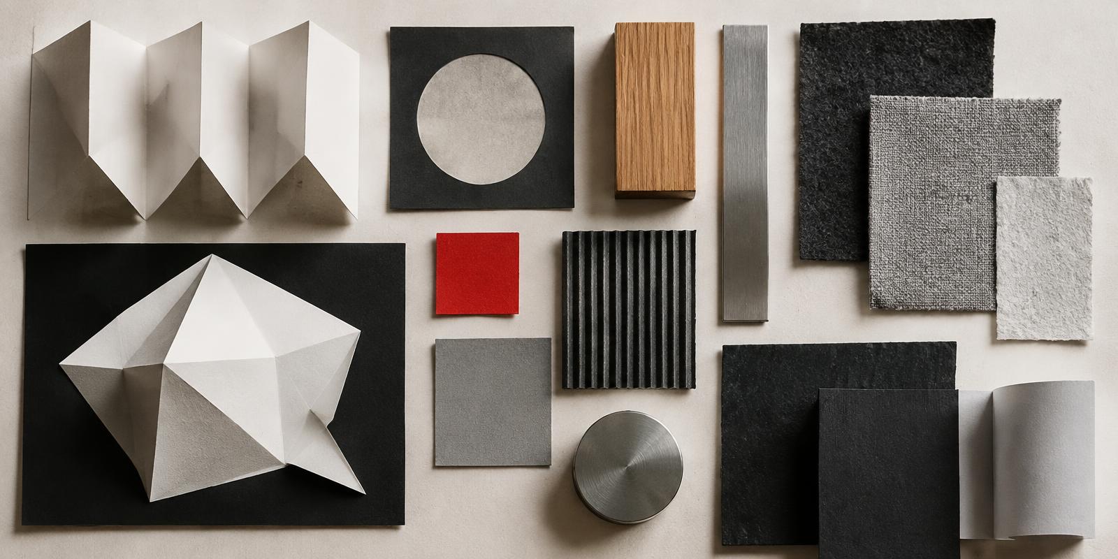 Material studies in folded paper, wood, metal and textured swatches