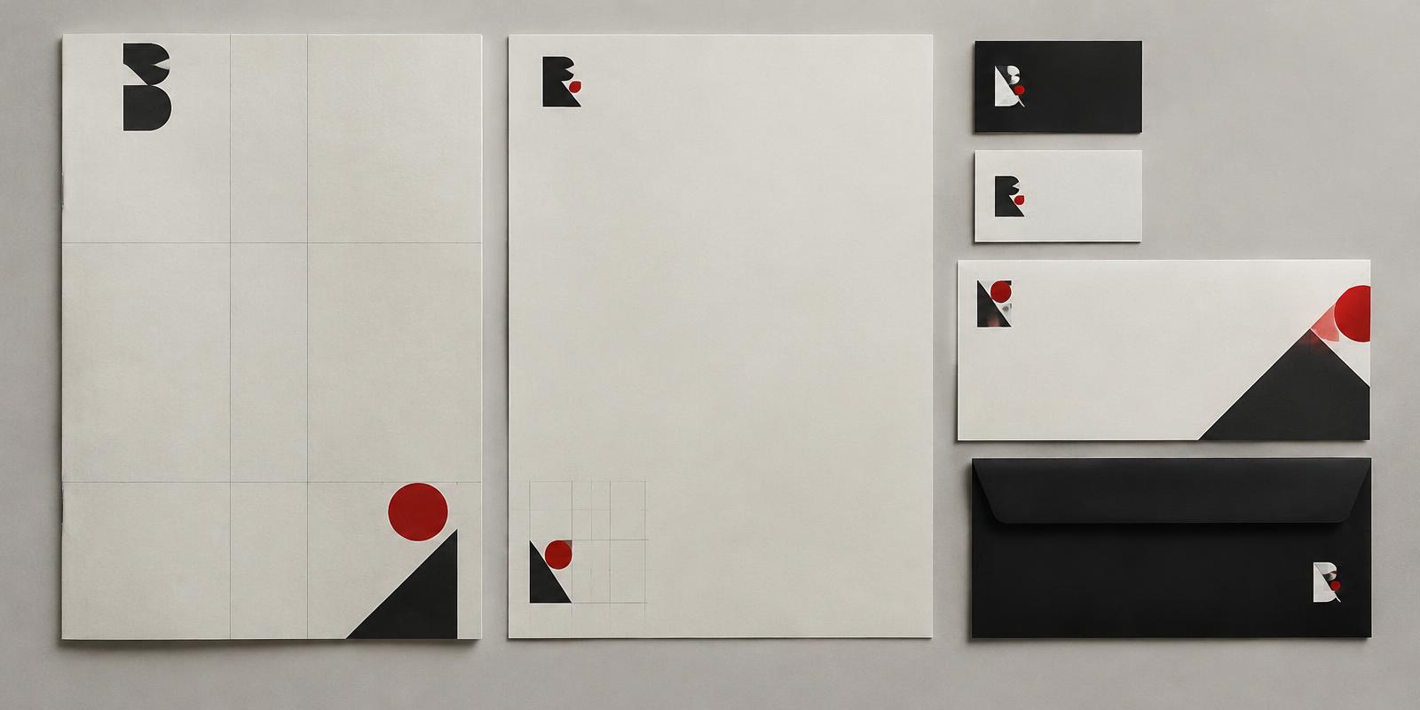 Stationery set showing a consistent geometric mark across manual, letterhead, cards and envelopes