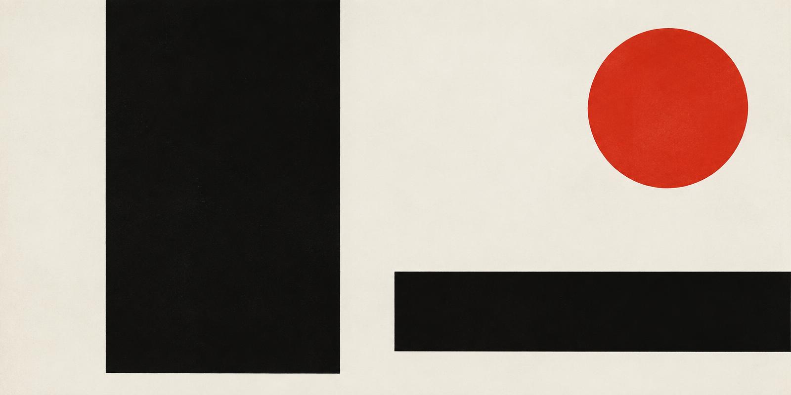 Asymmetric poster composition of black bars and a red circle with generous white space