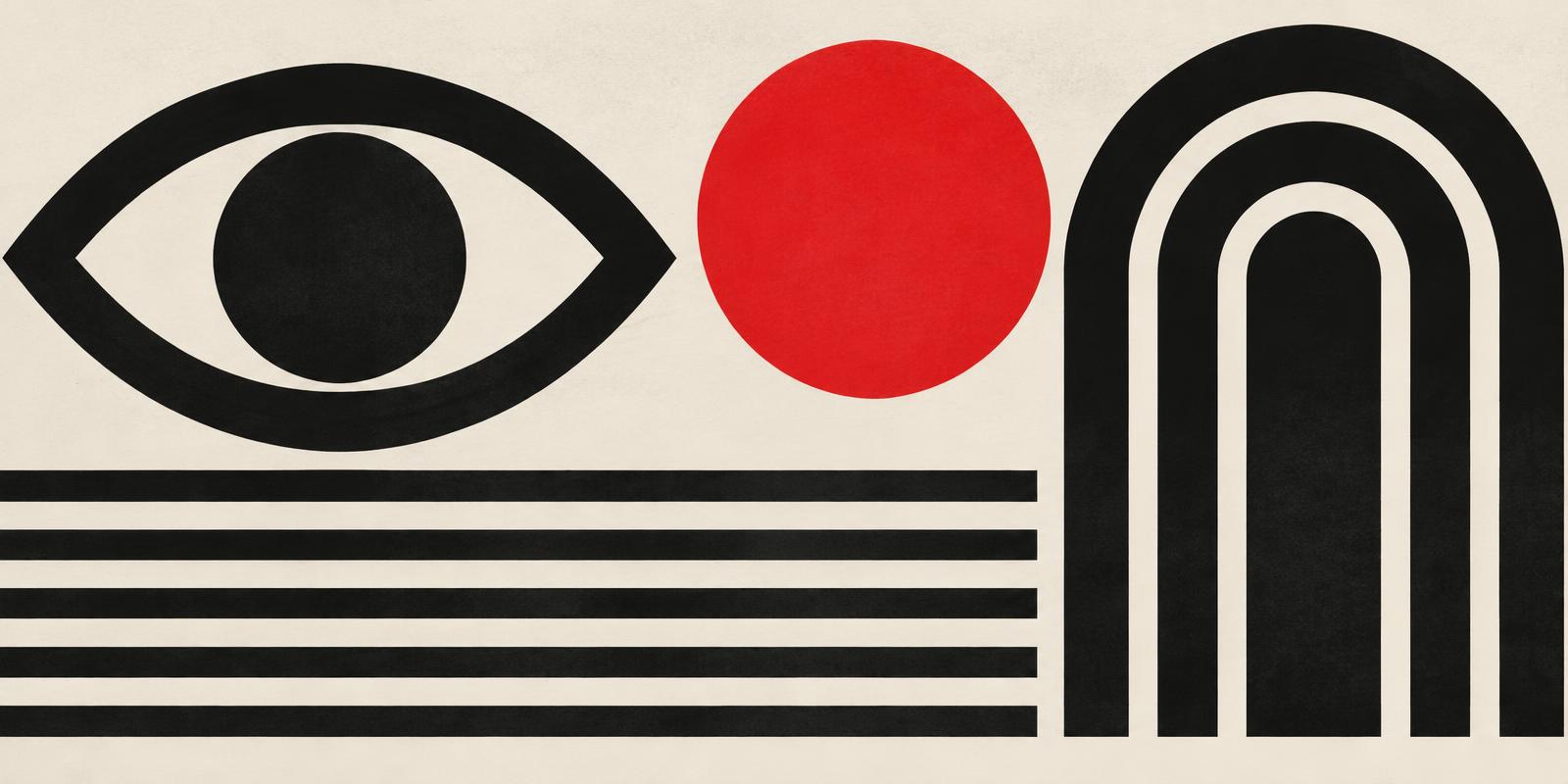 Abstract black eye, red circle, stripes and arch in a modernist print style