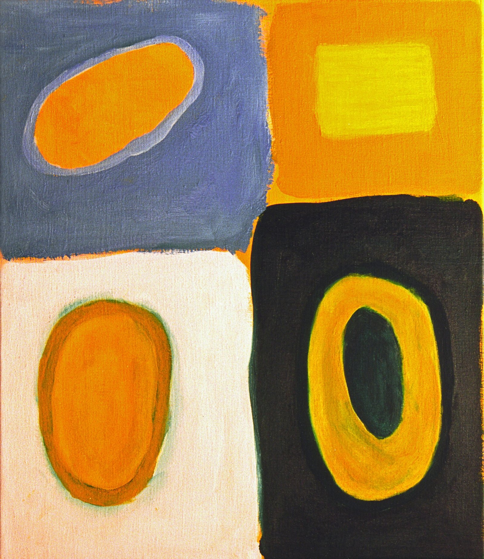 A painting of a yellow, blue, and black square